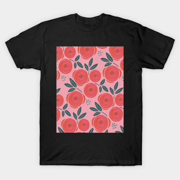 Roses are red, abstract pattern with red roses on a pink striped bottom T-Shirt by marina63